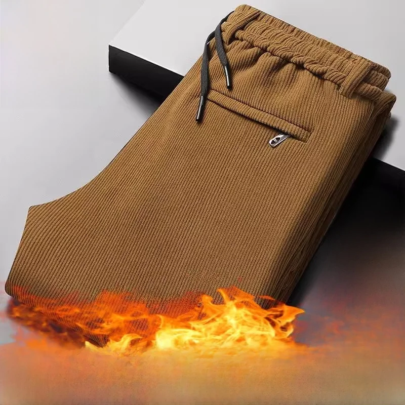 Women's Corduroy Pants Autumn Winter Thickened Fleece Lined Straight Leg Elastic Waist Outerwear Casual Trousers Trendy Brand