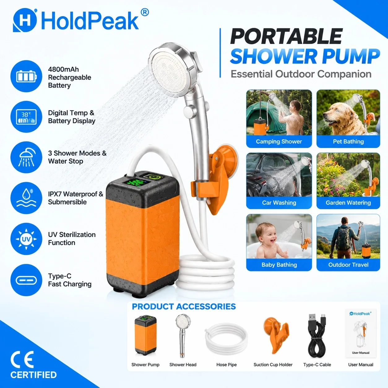 Portable Shower Pump 12V 180min Runtime 3 Water Pressure Levels Digital Temp Display Removable Filter for Outdoor Camping