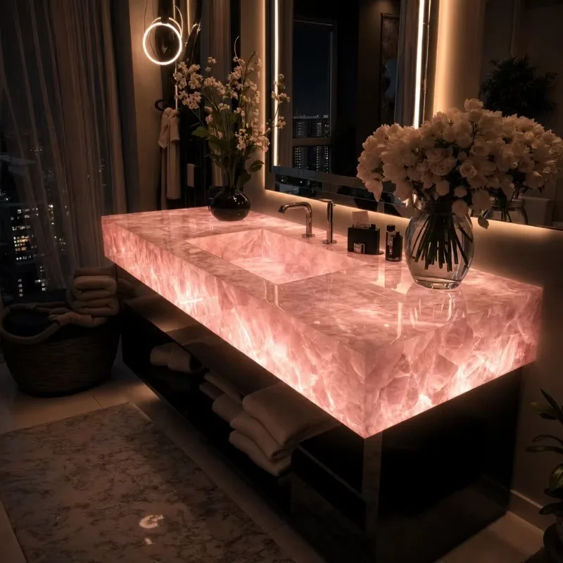 Luxurious pink crystal quartz floating bathroom integrated wall-mounted washbasin