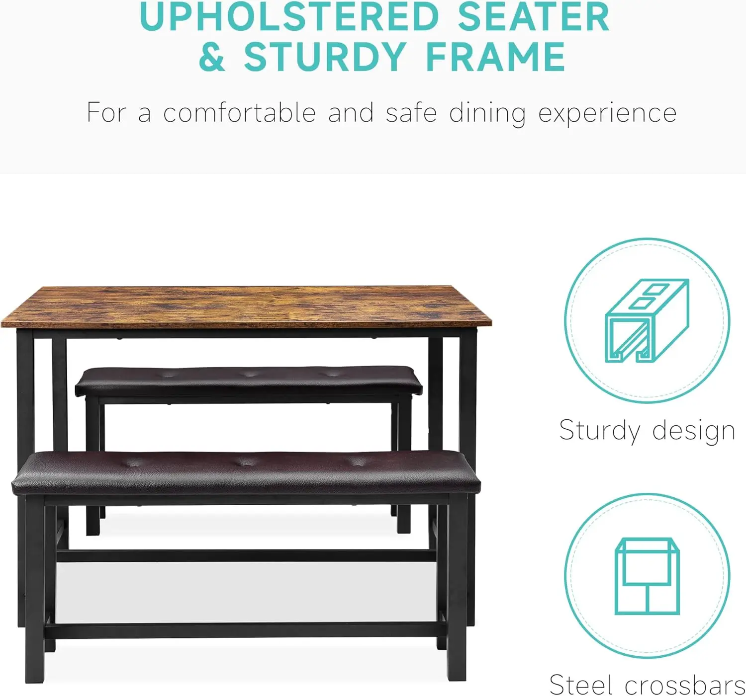 new 4-Person Kitchen Table Set with 2 Upholstered Benches Easy-Clean MDF Top & Steel Frame Compact Dining Room Set for Home Deco