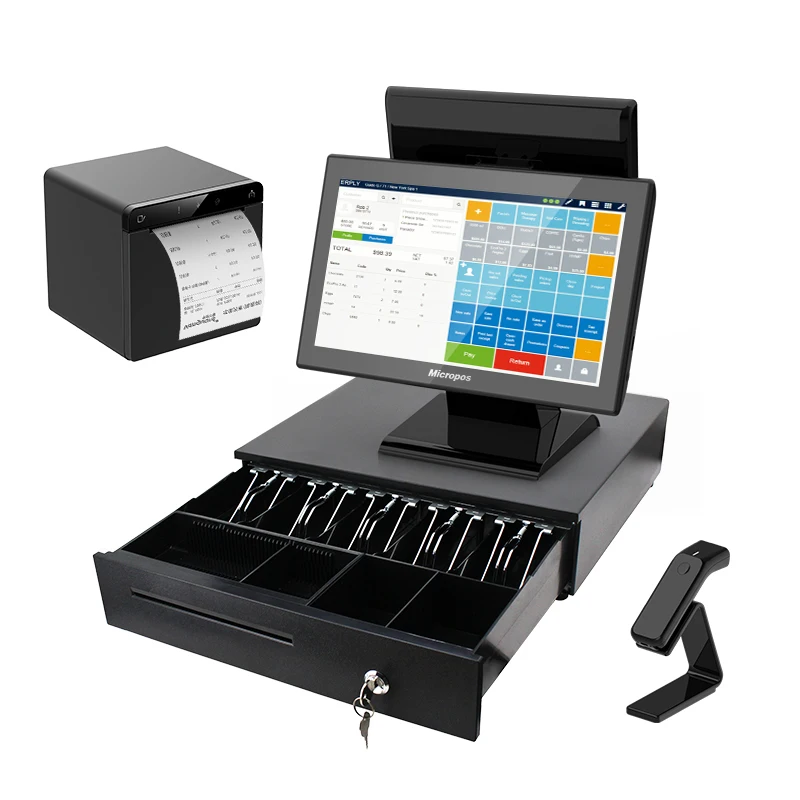 15-Inch all-in-one hardware cash register POS system, plastic, silicone, metal, printer output, black and white, color