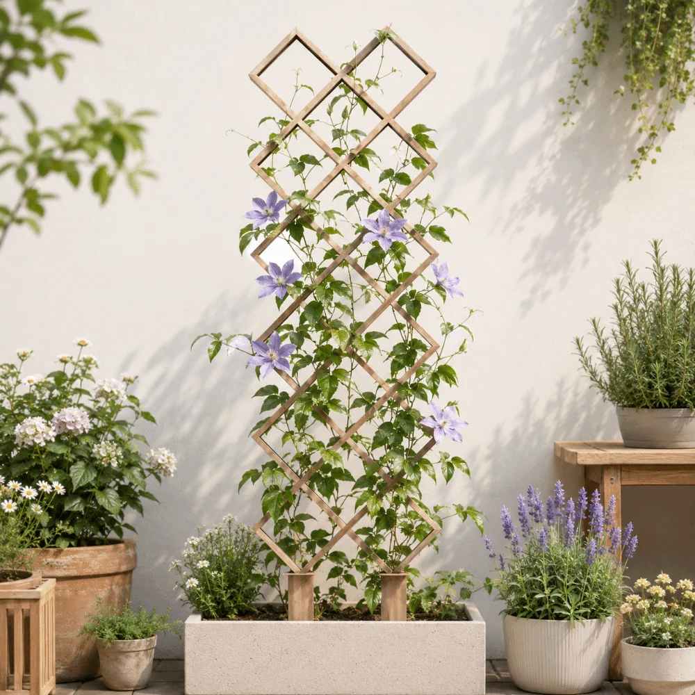 Wooden Garden Plant Trellis Hollow Out Climbing Stand Plant Trellis Frame Flowers Vine Geometric Potted Plant Climbing Rack