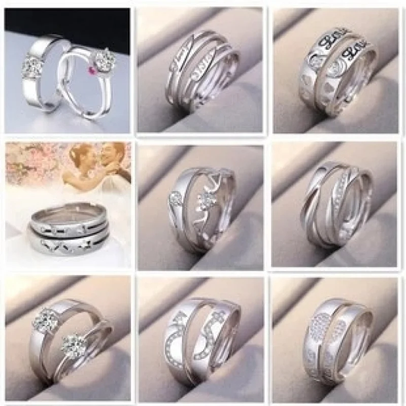 A beautiful open-style couple's ring made of pure 925 silver, featuring Korean-style diamonds. Student edition jewelry accessory