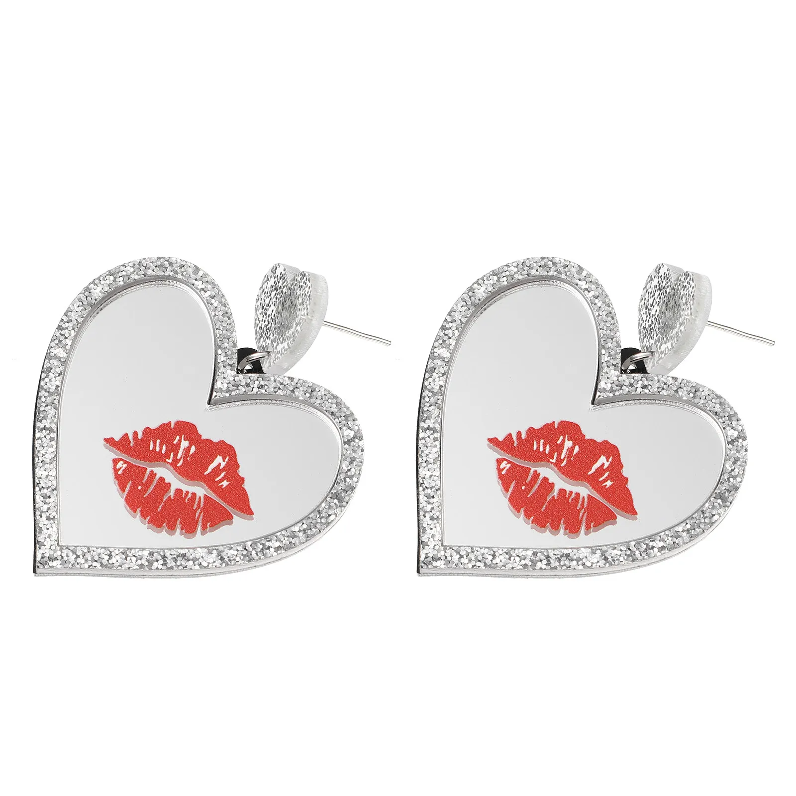 1Pair Fashionable Heart Earrings with Personalized Red Lip Pattern Mirror Surface Acrylic Ear Decoration for Women