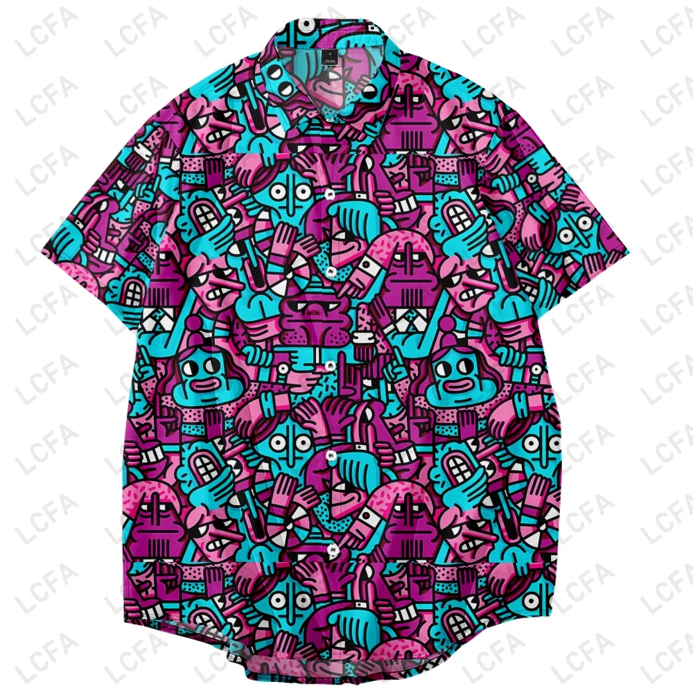 Men's Hawaiian Shirts Plus Size Kid Geometric Graffiti 3D Printed Lapel Buttons Trendy Dress Cardigan Short Sleeve Tops Child