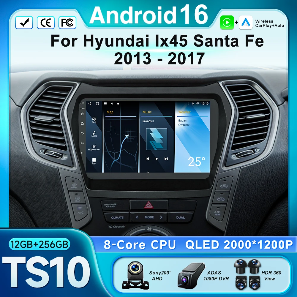 

Автомагнитола Android 16 для Hyundai Ix45 Santa Fe 2013-2017 с CarPlay, Auto, экраном, мультимедиа, видеоплеером и Bluetooth