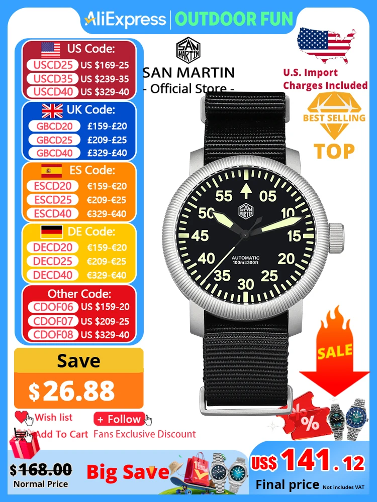 

San Martin Новые 40 мм Ретро Пилот YN55 Автоматические Механические Модные Простые Стильные Мужские Наручные Часы 100 м Водонепроницаемые C3 Светящиеся SN0143