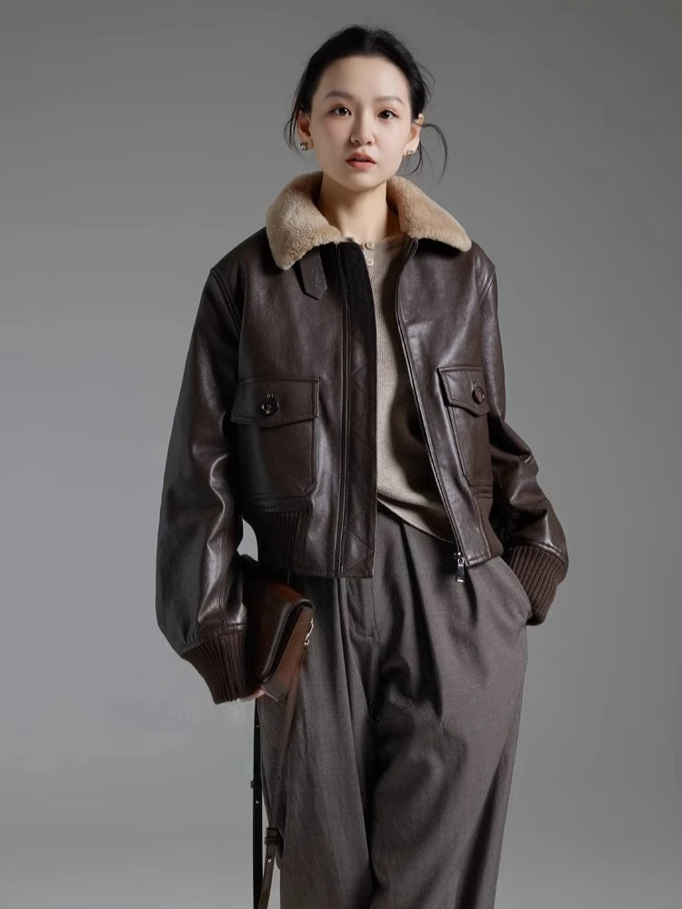 Vintage Kurze Echtes Leder Winter Motorrad Jacken für Frauen High-end Einfache Echt Lamm Pelz Kragen Schaffell Stepp Mantel