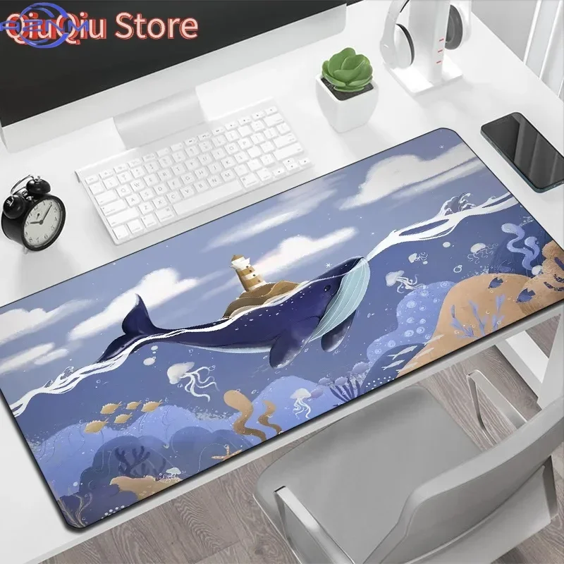 Cute Cartoon Blue Whale Lighthouse Undersea World Mousepad Rubber Non-Slip Large Desk Mat Ocean Jellyfish Seabed Art Keyboard Pa