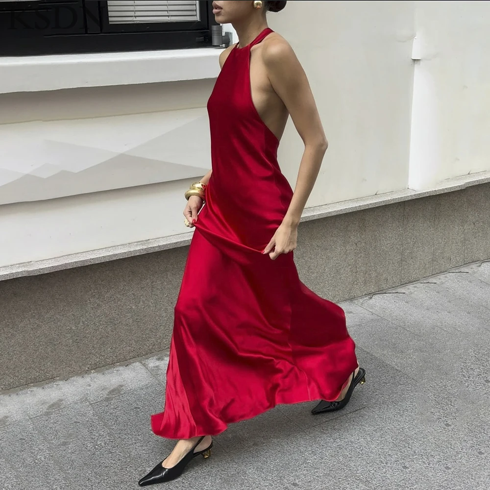 

KSDN Red Evening Dress Simple Halter Sleeveless Backless Sweep Train Gowns Special Occasion Women Satin Prom Dresses Vestidos