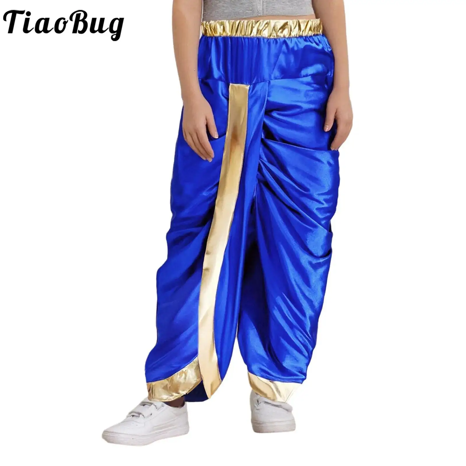 

Boys Arabian Prince Dhoti Pants Costume Satin Indian Traditional Elastic Waistband Draped Baggy Trousers for Halloween Festival