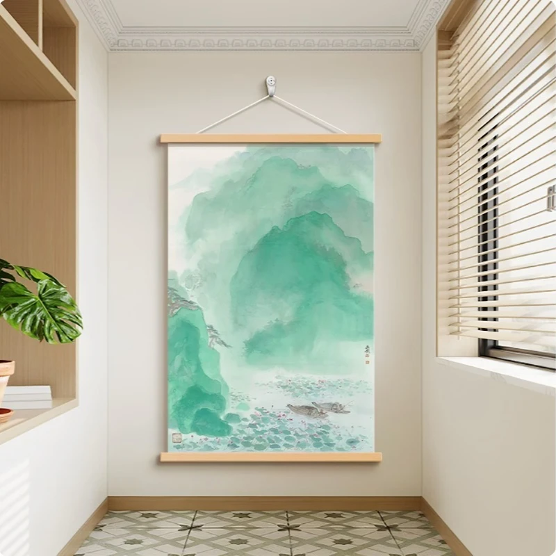 Wall Art Pale Mountain Valley and Blue Water Song Inspired Pearlescent Canvas Hanging Scroll with Wooden Rods for Tea Room