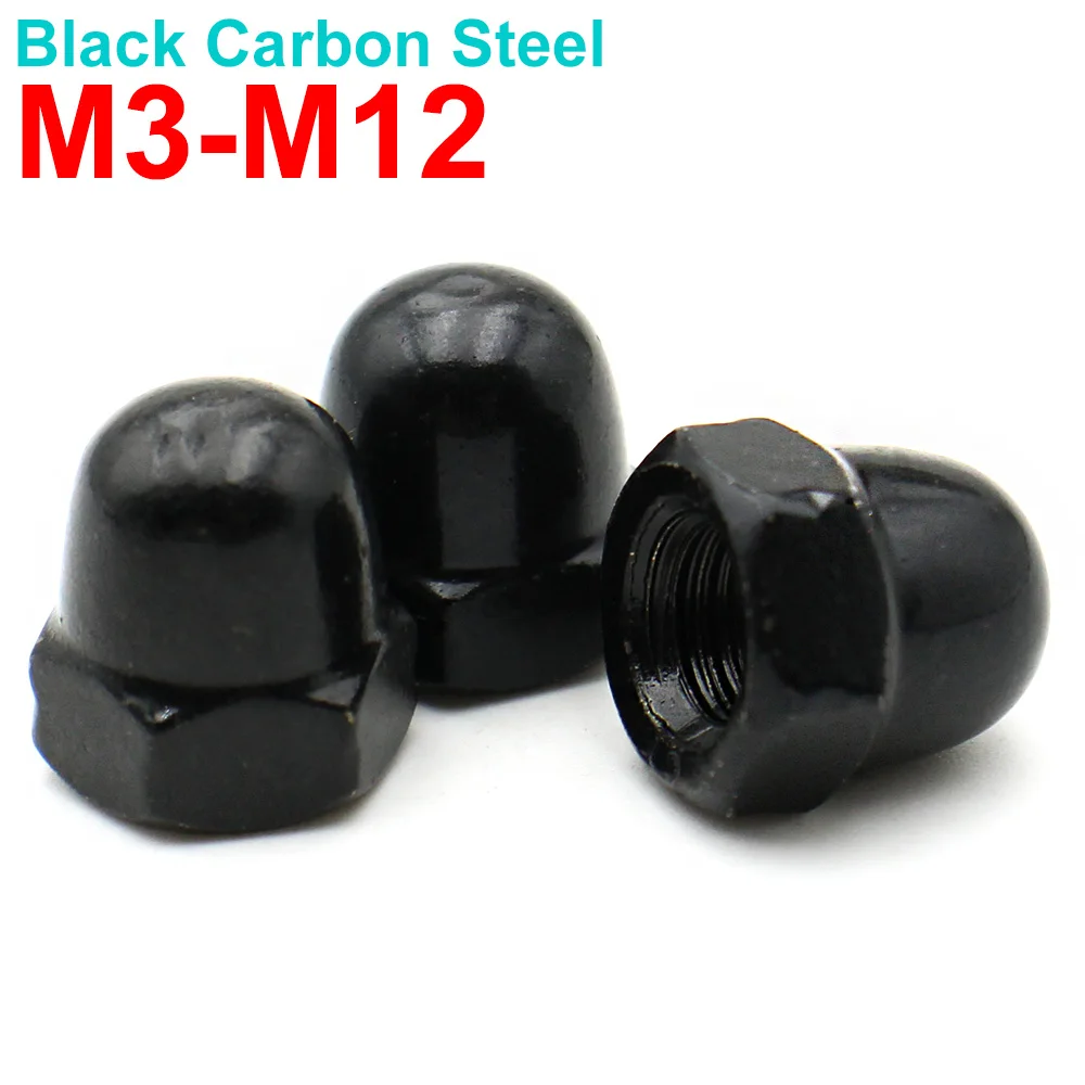 5-20pcs M3 M4 M5 M6 M8 M10 M12 Black Carbon Steel Metric Acorn Nuts Crown Hex Nuts Domed Cap Nuts