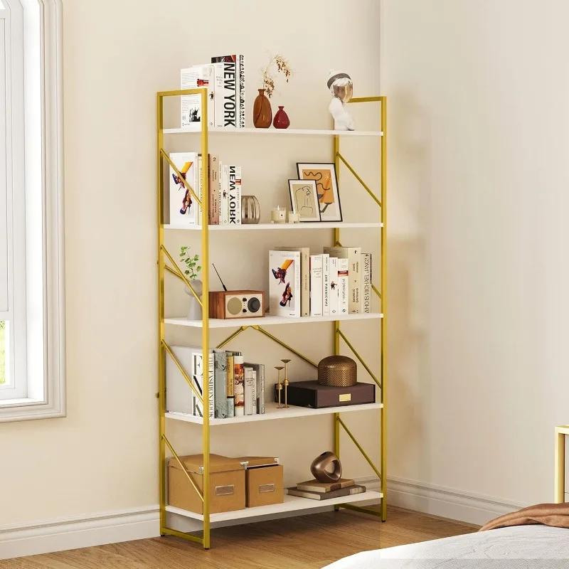 5Tiers Gold Bookshelf, Modern Wide Bookcase, Storage Rack Shelves in Bedroom/Living Room/Home, Books Holder Organizer for Books