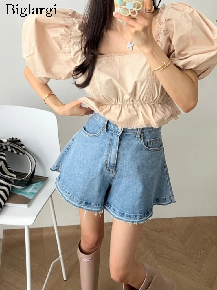 

Denim Summer Retro High Waist Mini Wide Leg Shorts Women Loose Ruffle A-Line Korean Style Ladies Trousers Fashion Woman Shorts