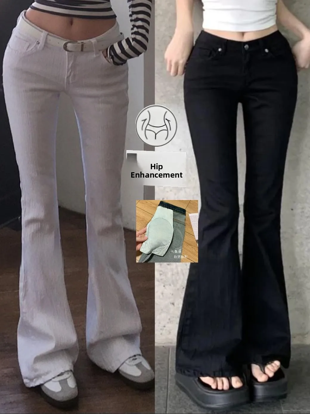 بنطلون جينز نسائي بخصر منخفض وقصة واسعة، ضيق ومريح، بتصميم كوري بلون واحد، يطيل الساق ويبرز المؤخرة مع بطانة داخلية #4