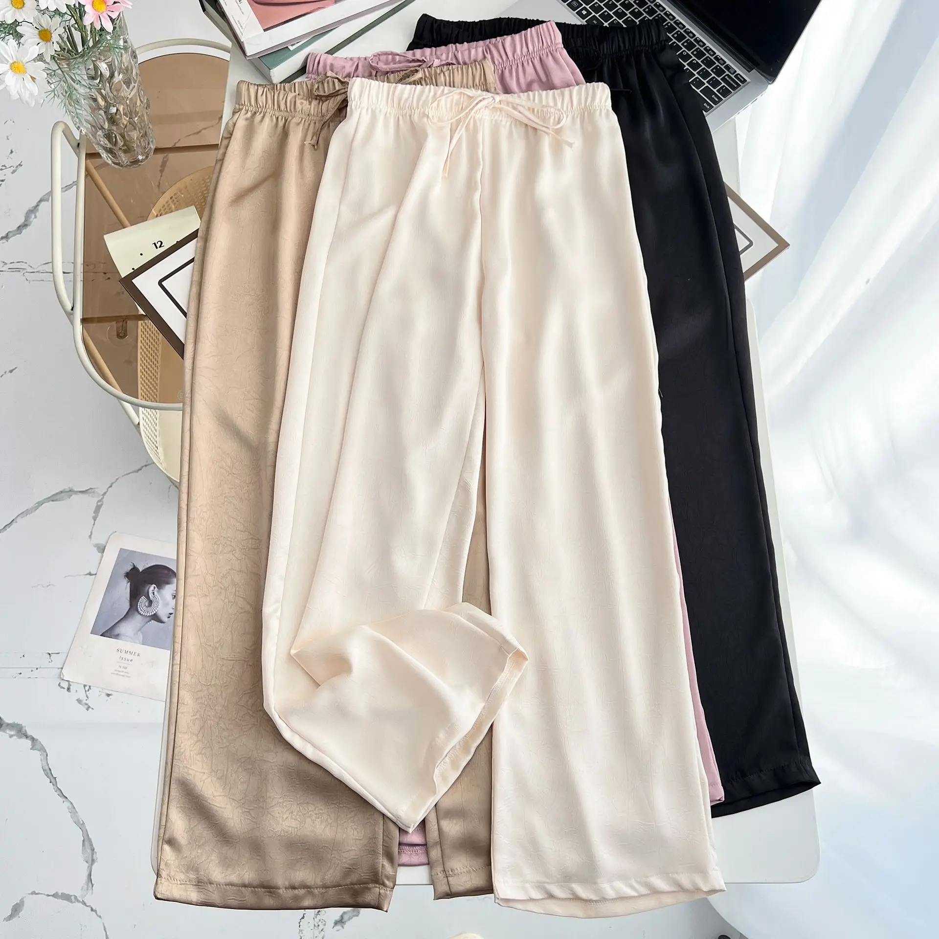 Pantalones largos con protección solar para mujer, pantalón de pierna recta, cintura alta, elástico, informal, talla grande, verano, 2024