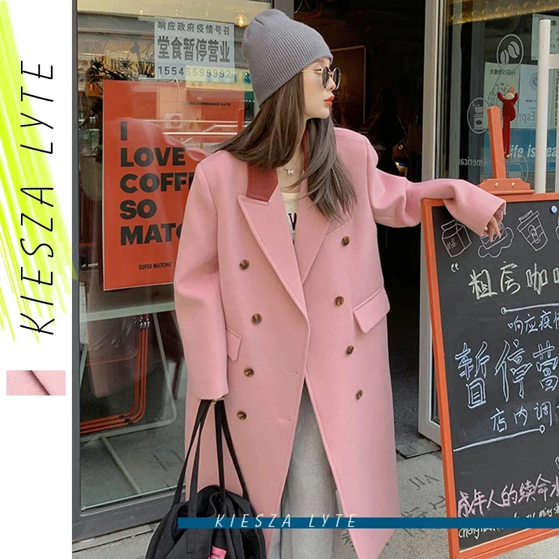 Women's Fashion Lapel Wool Coat Winter 2024 New Vintage Pink Warm Woolen Coats Female Casual Outerwear