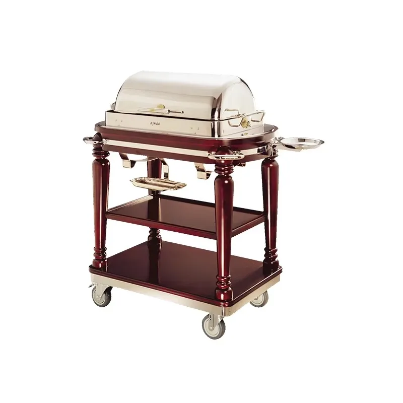 

Customized Square Buffet Food Cart with 304 Stainless Steel Rubber Wood Construction Mahogany Finish for Hotels Restaurants