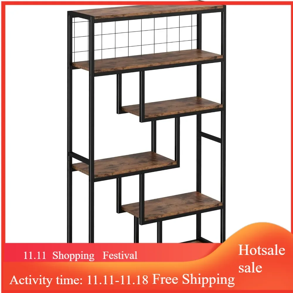 Bookshelves 6 Tiers, Industrial Etagere Heavy Duty Shelves for Living Rooom, Office Storage Geomeric Display Boocase