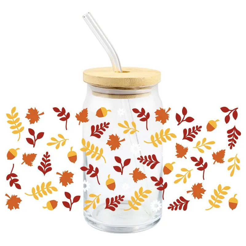 Full Maple Leaves Pumpkin UV DTF Wrap Transfer Stickers Oranger Design Waterproof Wrap For Glasses Cups Bottles Decal