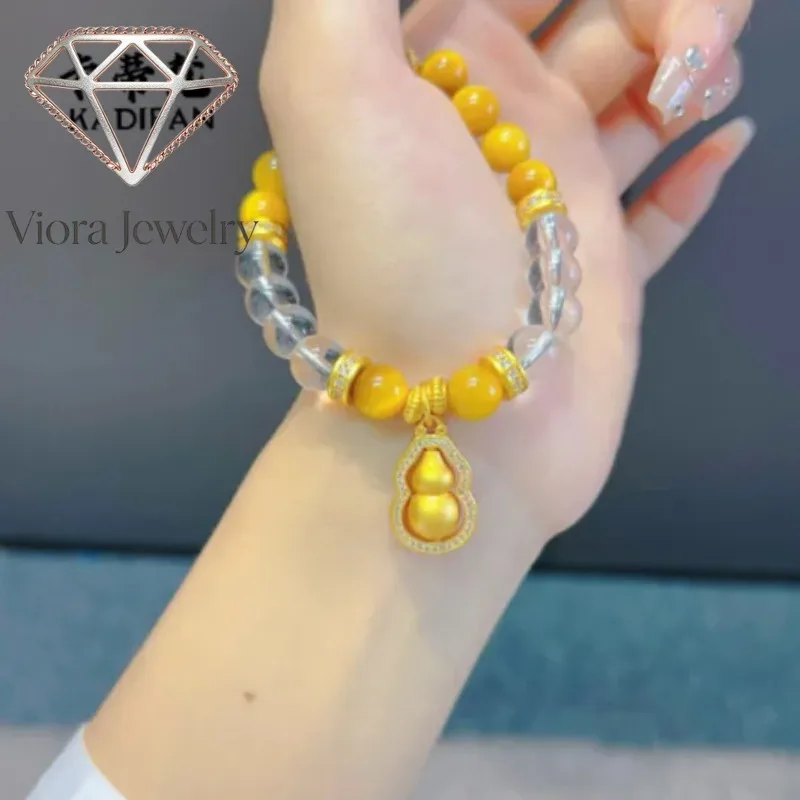 Viora Jewelry 9999 24K real gold dot diamond rotating hoist tiger eye stone white crystal bracelet women 2024 fashion retro arts