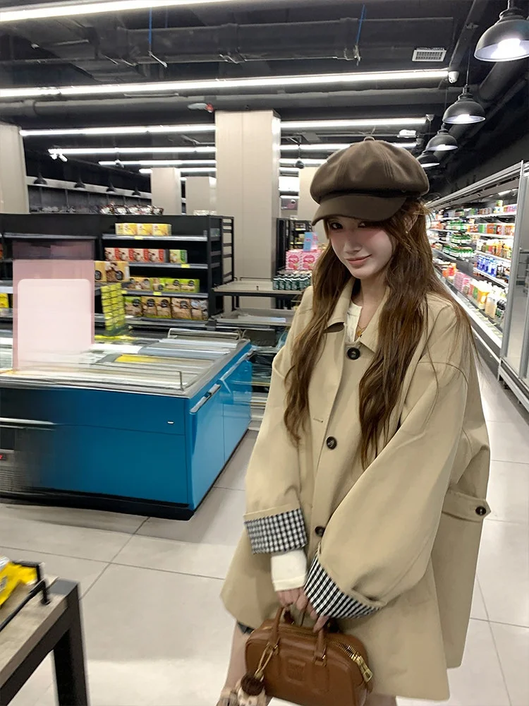 

Miaolab Plaid Splicing Stand Collar Two-Way Wear A-Line Mid-Length Women's Coat Commute Sle Long Sve Zipper Pure Color