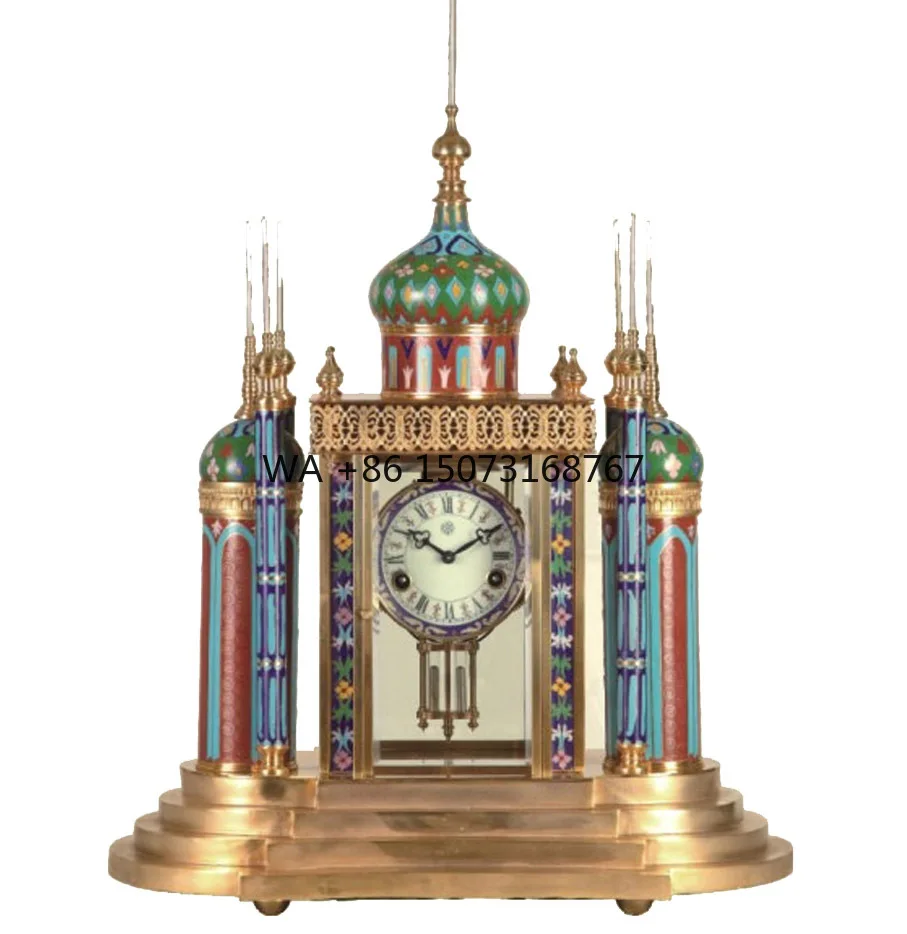 Antique Floral Cloisonne Brass 15 Days Mechanical Mosque Table Clock Powered by Battery, Striking on Half & Hour, Alarming
