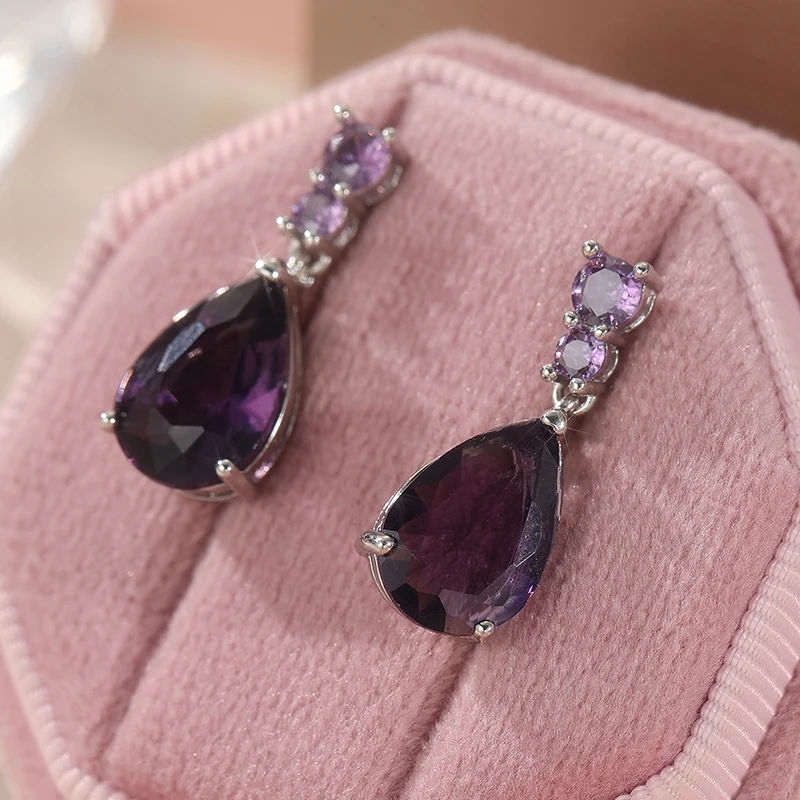 Gorgeous AAA Cubic Zirconia Water Drop Charm Women Drop Earring Wedding Band Jewelry White/Purple High Quality Earrings