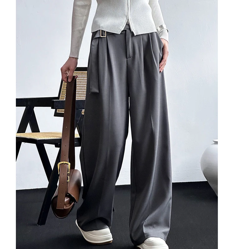 2023 Women Spring High Waist Wide Leg Long Pants Belt Design Fashion Clothes Pants Female Long Trousers