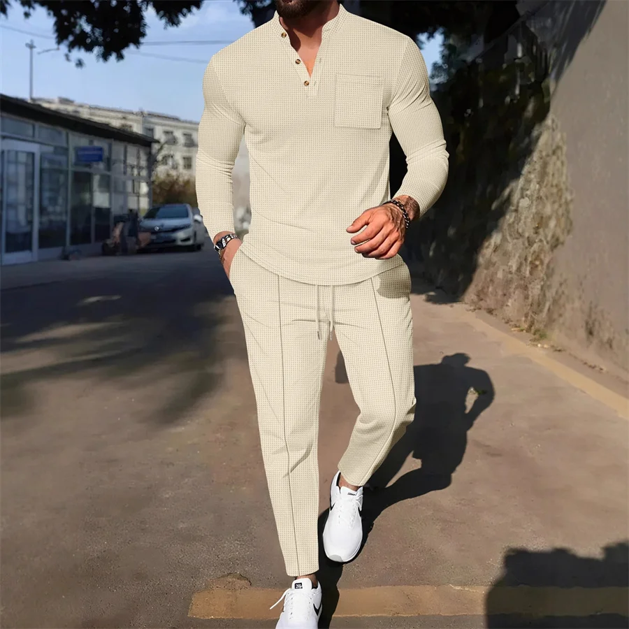 

2026 New Spring Autumn Casual Daily Waffle Polo Shirt and Pants Men's Sports Suit 2 Piece Set Long Sleeve T-shirt Streetwear