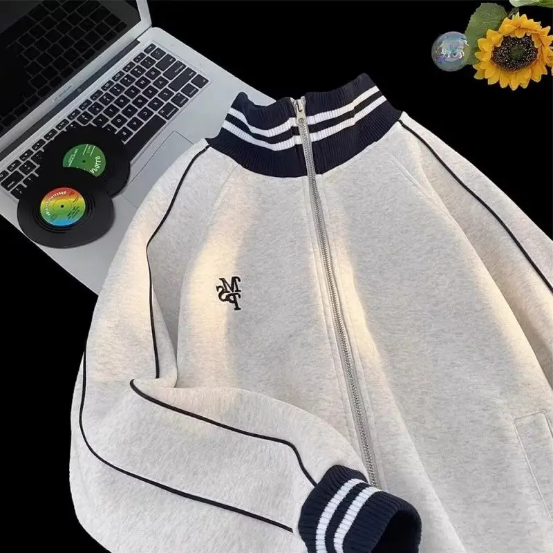 

Мужская толстовка в американском стиле с воротником в полоску, цветными блоками, винтажная, свободного кроя, в уличном стиле, модная брендовая верхняя одежда, повседневная, с длинными рукавами