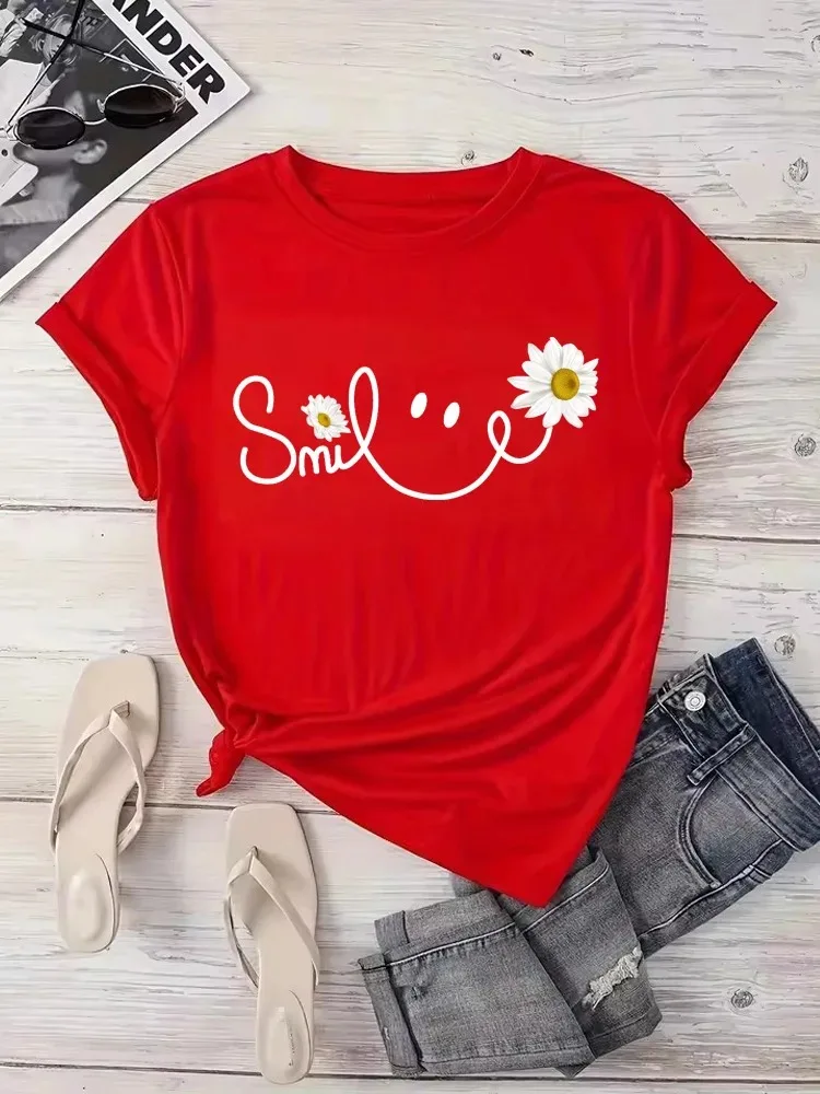 New Arrival: Black Casual Round-Neck Women's Top with A Stylish Harajuku-Style Print Featuring A Beautiful Margarita Smile