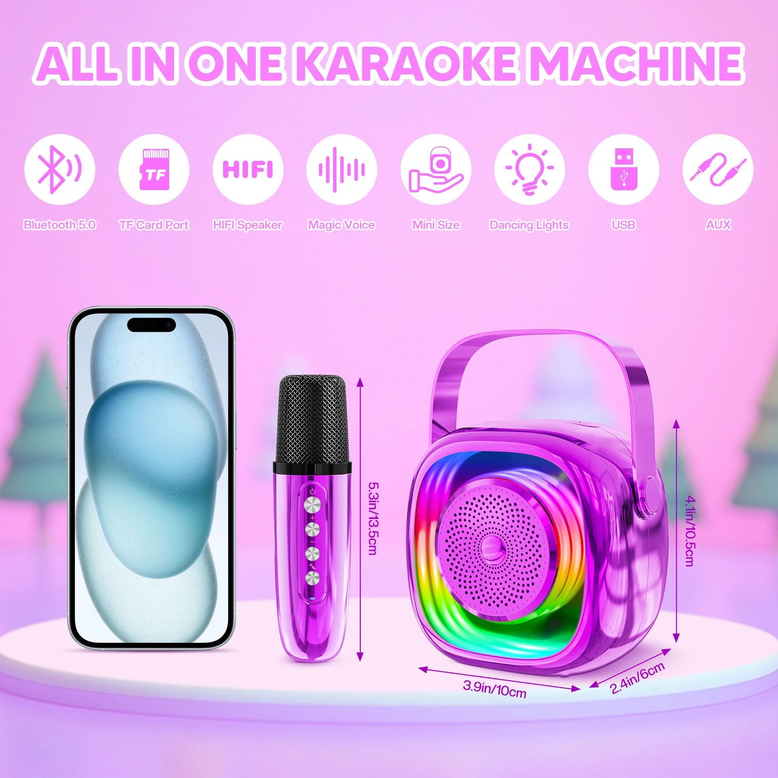 Mini Karaoke Machine for Kids Portable HiFi Bluetooth Speaker with 2 Wireless Microphones Home Family Singing Children's Gifts