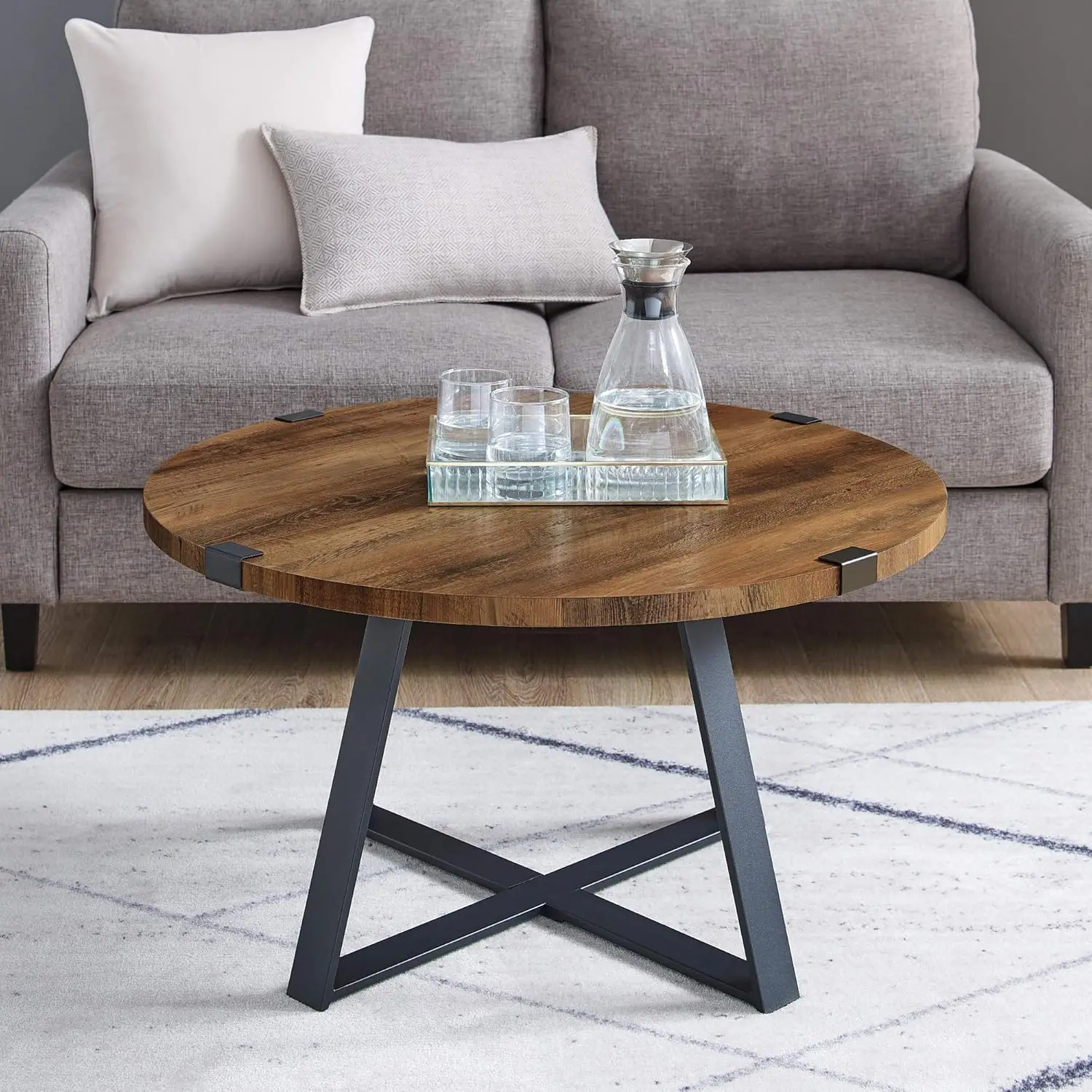 

Modern Metal Wrap X Bottom Base Round Coffee Table for Living Room, 31"D X 31"W X 17"H, Black and Rustic Oak