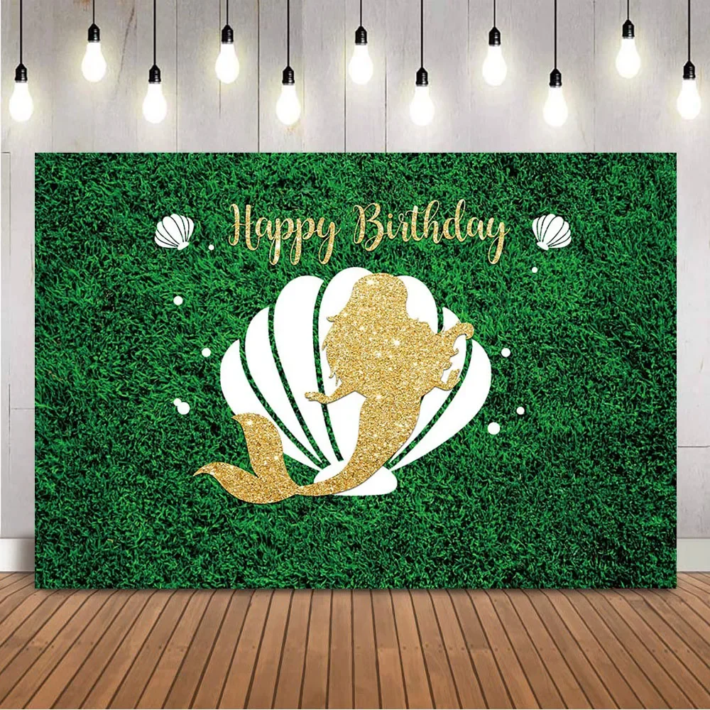 Green Grass Birthday Backdrop Gold Glitter Mermaid Photo Background White Shell Liltle Princess Newborn Girls Photocall Props