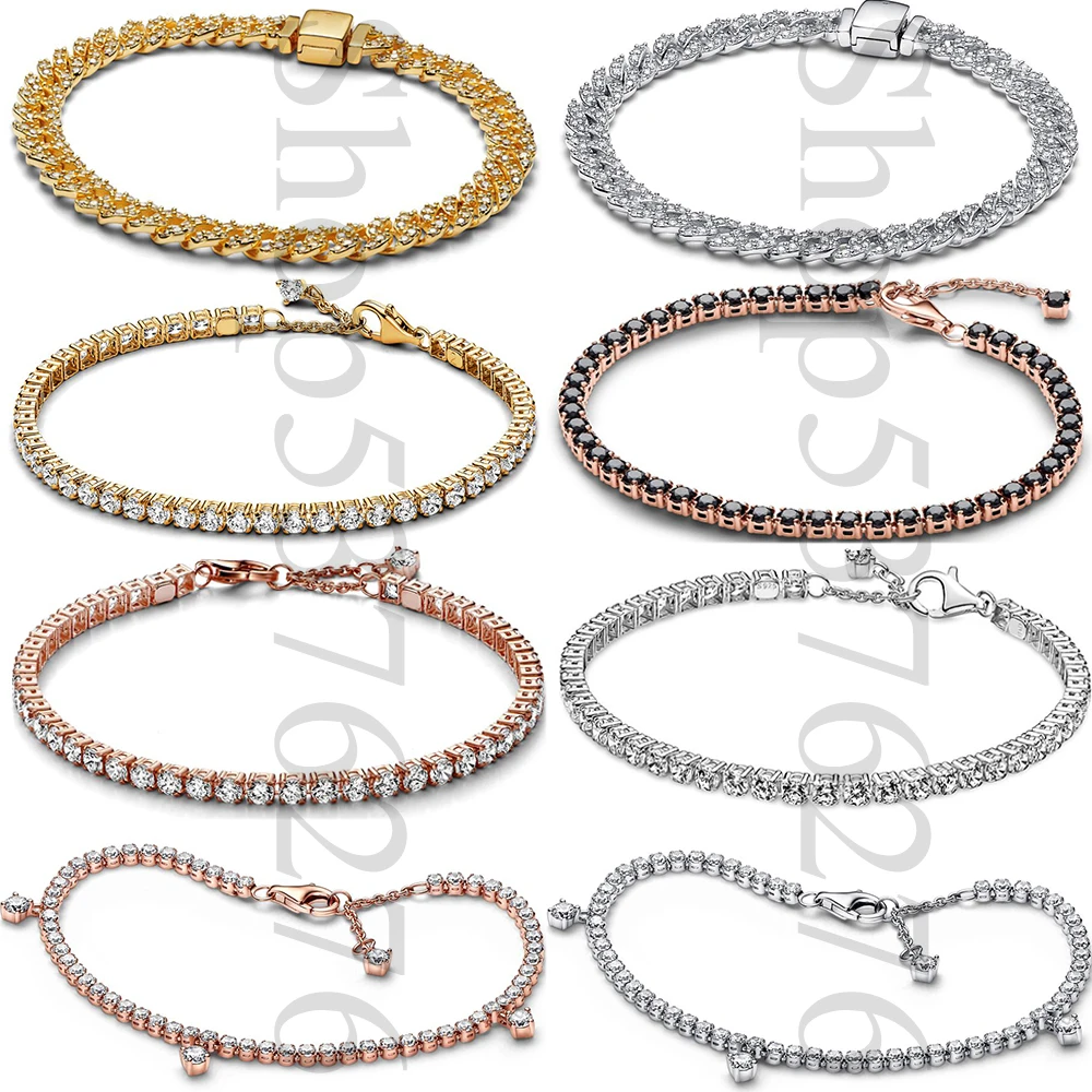 2024 925 Sterling Silver Sparkling Timeless Pavé Drops Fashion Cuban Chain Tennis Bracelet Fit Women Bead Charm Gift DIY Jewelry