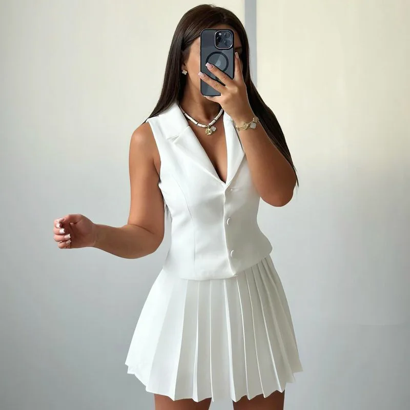 

Women Two Piece Sets Skirt Set Sleeveless Turn Down Collar Vest Tops Short Pleated Skirts A Line High Waist Elegant Work 2026