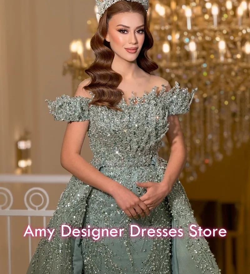 Luxurious Women Evening Dresses Beaded Crystal Ball Gown Prom Dress For Women Bateau Sparkle Party Gowns Customized