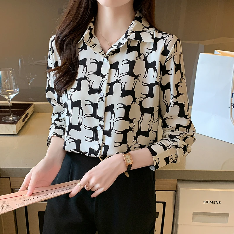 Women Spring Fashion Loose Cartoon Fashionable Turn-down Collar Long Sleeve Shirts Women Clothes Casual All-match Printing Tops