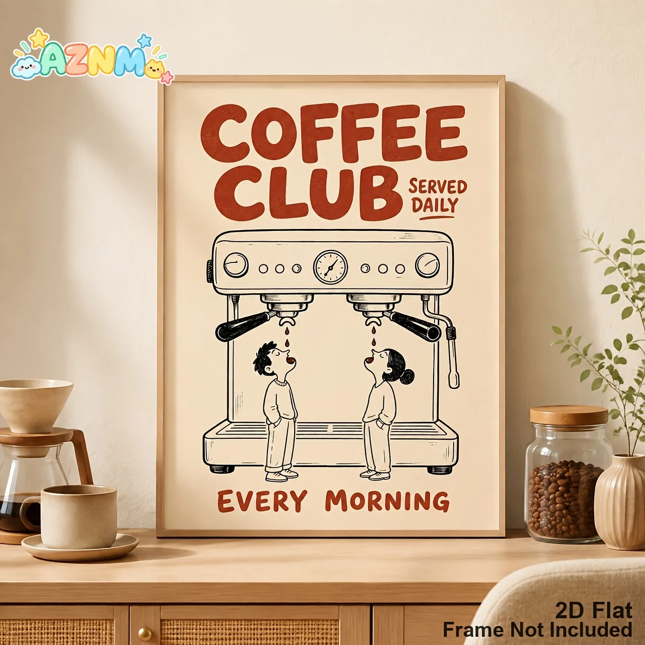 2D Flat, Coffee Club Every Morning Poster - Retro Espresso Machine Line Art Suitable for Coffee Bar, Kitchen Wall Decor, Mini