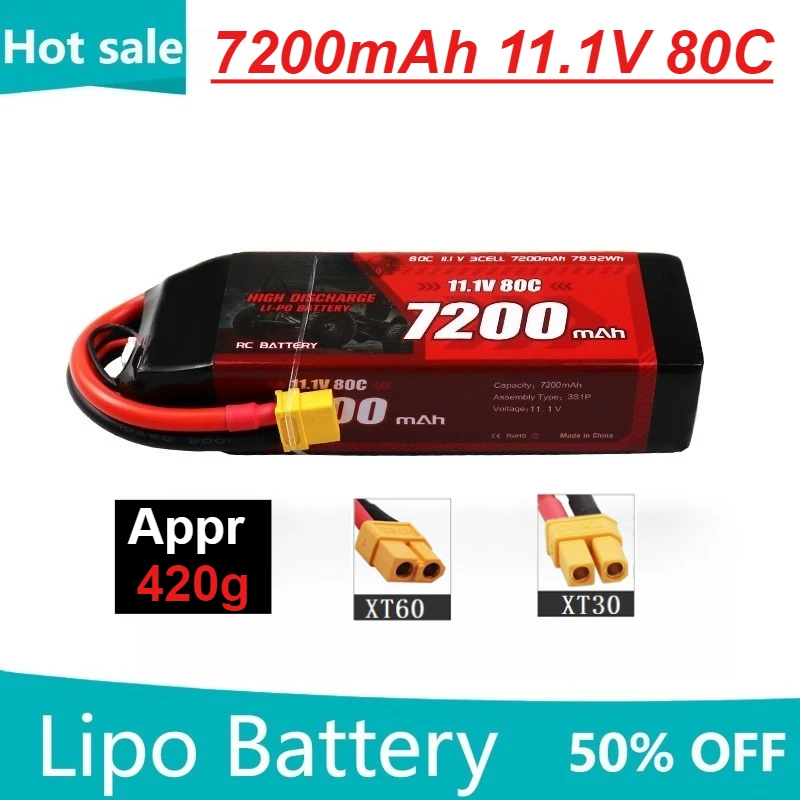 

Lipo Battery 7200mah 11.1V 3S 80C High Magnification Toy Drone Battery for RC Car Plane DJI Truck Tank Buggy Boat Racing Models