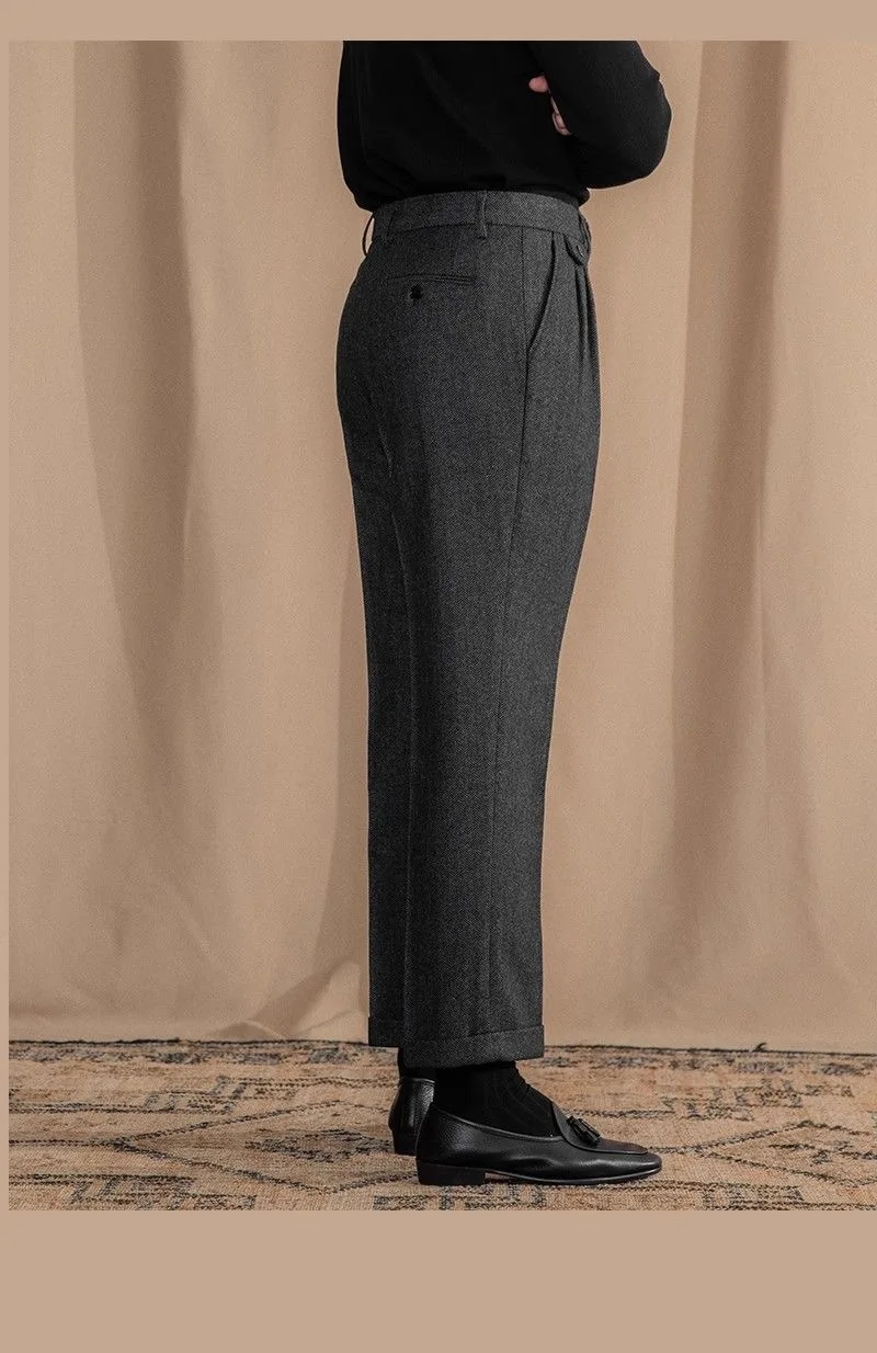 Italian Vintage Suit Pant For Men Autumn Winter Wool Herringbone Pattern Straight Trousers British Style Business Casual Pants