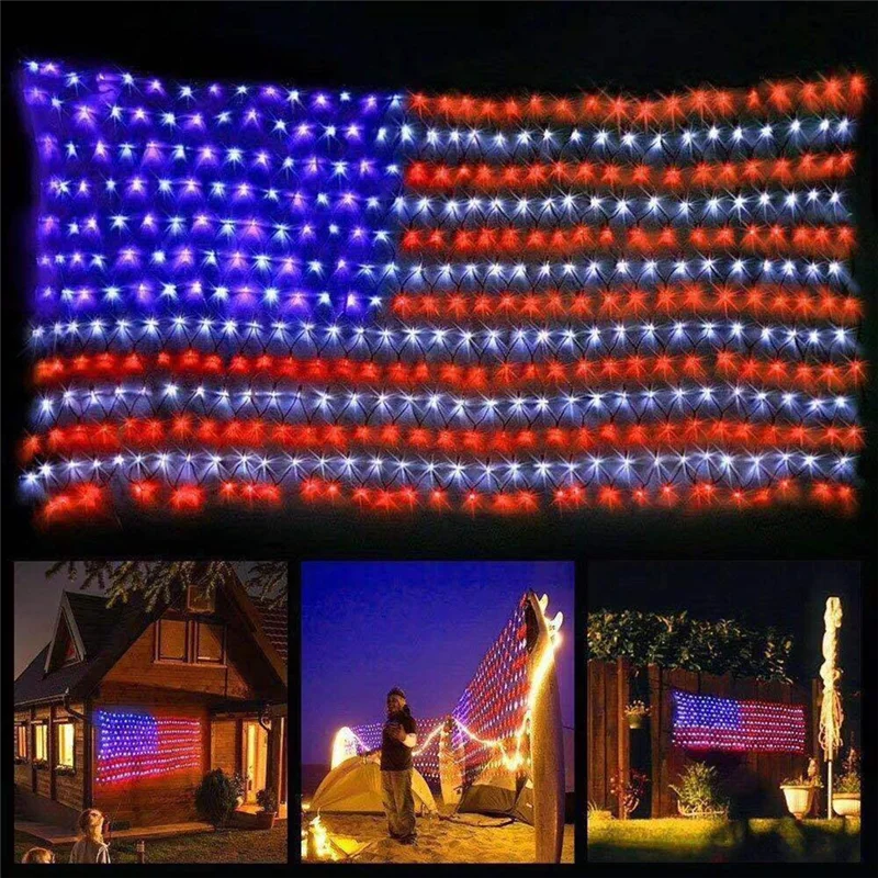 ABRO-American Flag Light With LED Light String, July 4Th Decorations, Independence Day National Holidays Flag Net Light