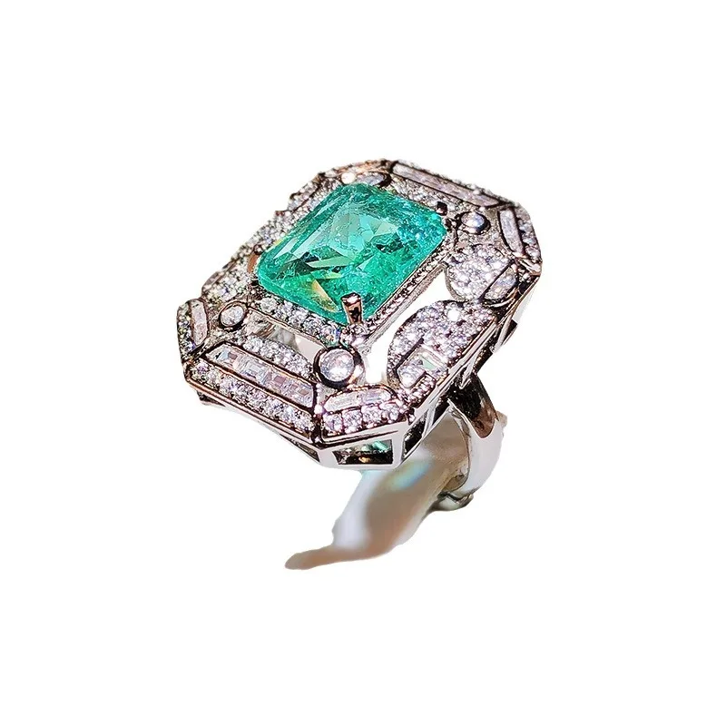 Geometric Square Green Zircon Ring Luxury White Full Diamond Opening 925 Sterling Silver Women\'s Jewelry High-end Banquet Ring