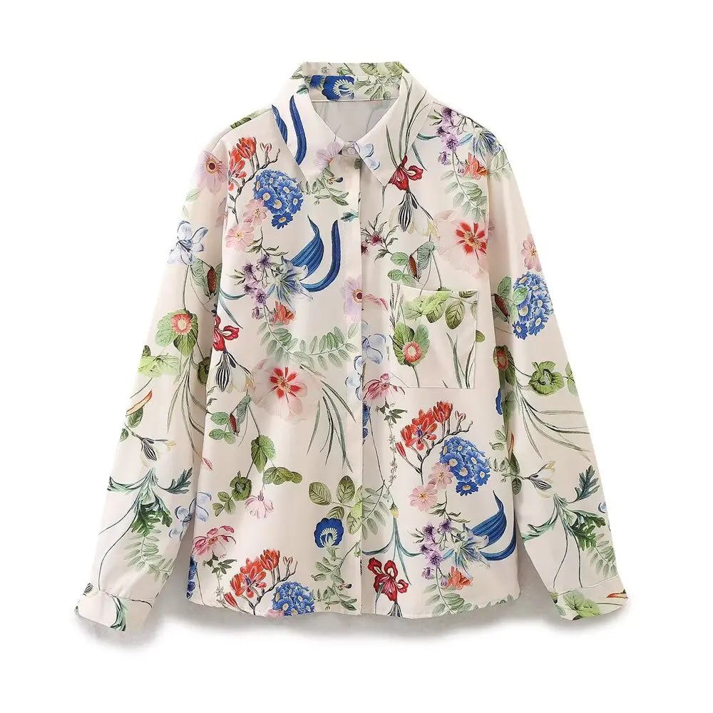 Maxdutti French Countryside Style Floral Print Long Sleeved Shirt Women Minimalist Spring And Summer Casual Shirt Blouse Tops
