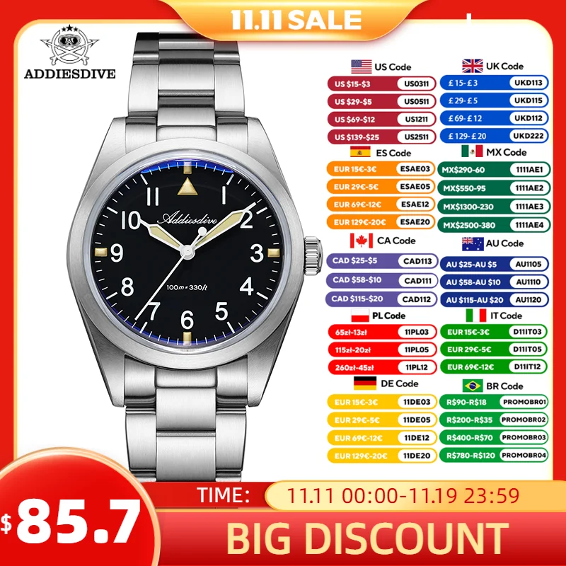 

ADDIESDIVE Titanium Watches Men AD2502 Luxury 36mm Quartz BGW9 Luminous 100m Waterproof Super Light Dress Wristwatch New