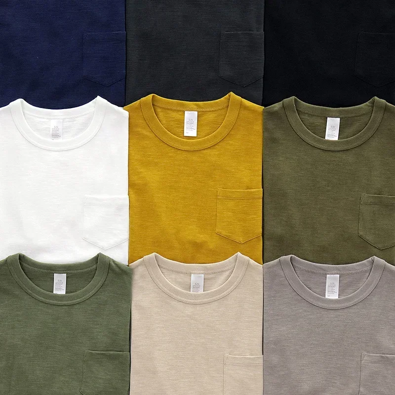 Summer Fashion Premium 100% Slub Cotton T-shirts Men Short Sleeve Pocket Solid Color Simple Casual Vintage Comfortable Tops Tees