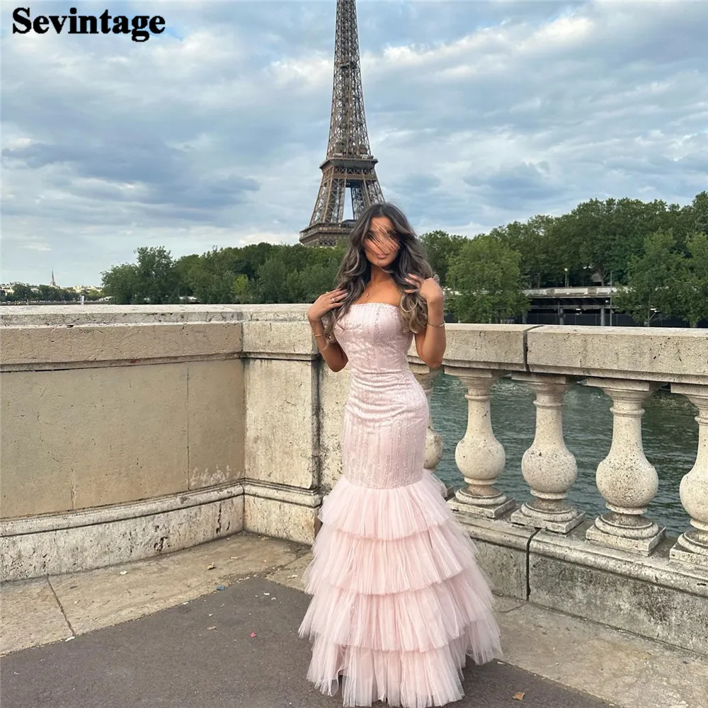 

Sevintage Elegant Baby Pink Saudi Arabic Mermaid Evening Dresses Strapless Tiered Floor Length Sequined فساتين مناسبة رسمية 2023