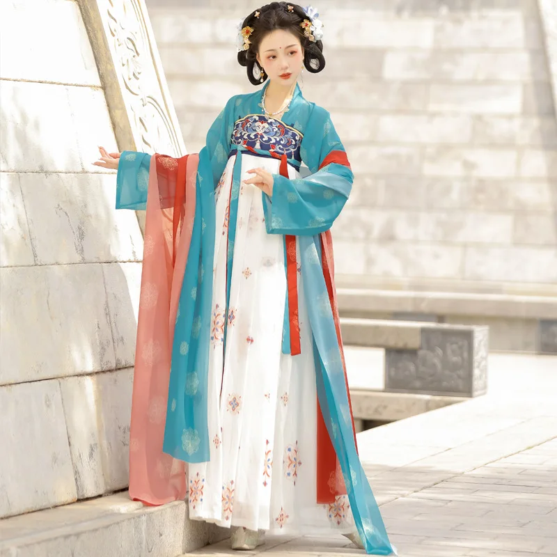 Hanfu Dress Women Chinese Traditional Embroidery Student Hanfu Halloween Cosplay Costume Summer Hanfu Blue Red 3pcs Sets